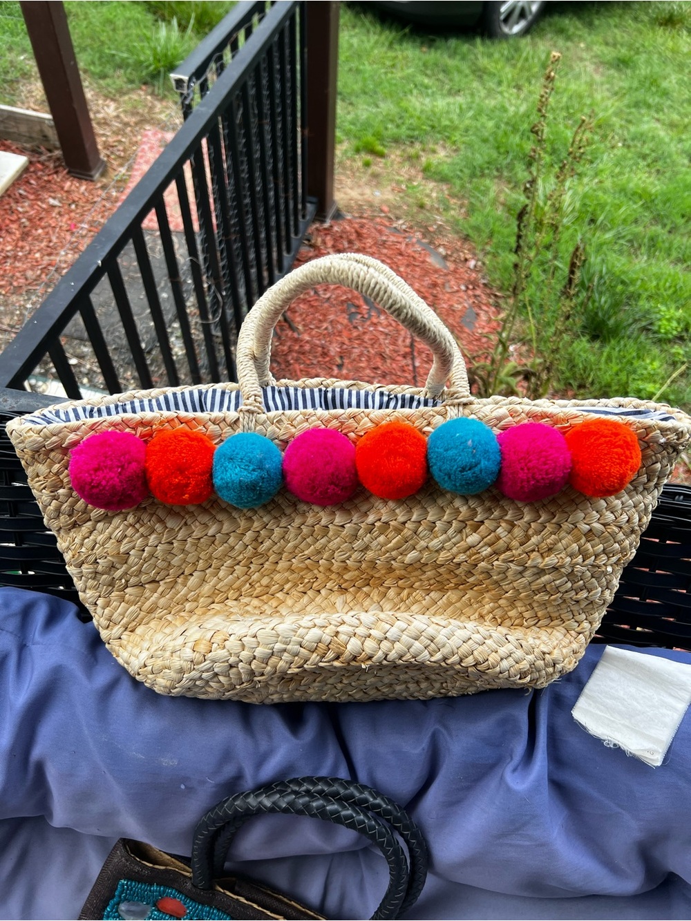 Pom Pom Straw Tote Beach Bag - Bright Multicolor